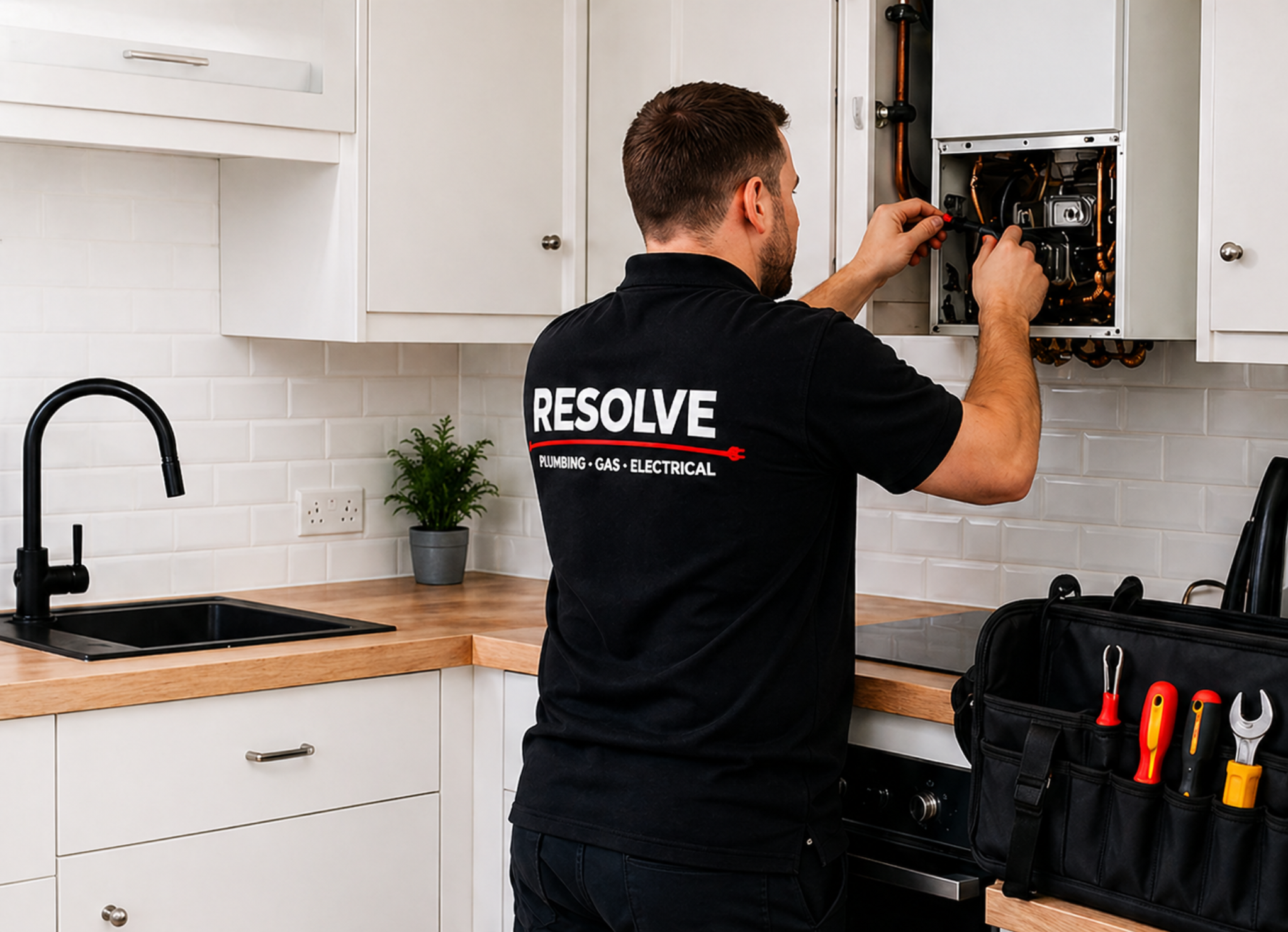 Resolve engineer working on a boiler in a kitchen